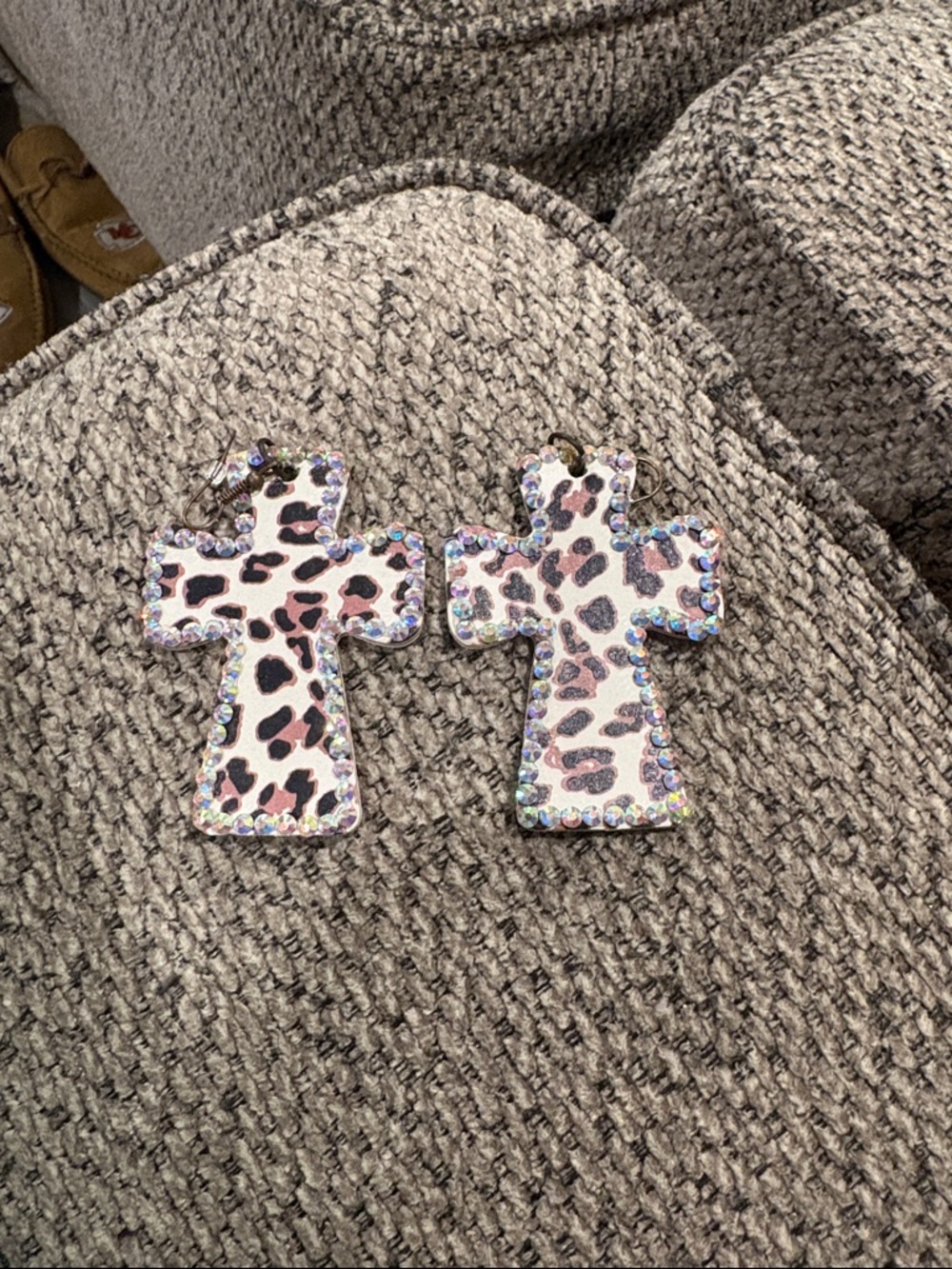 Pink Leopard Cross Drop Earrings with Crystal Trim